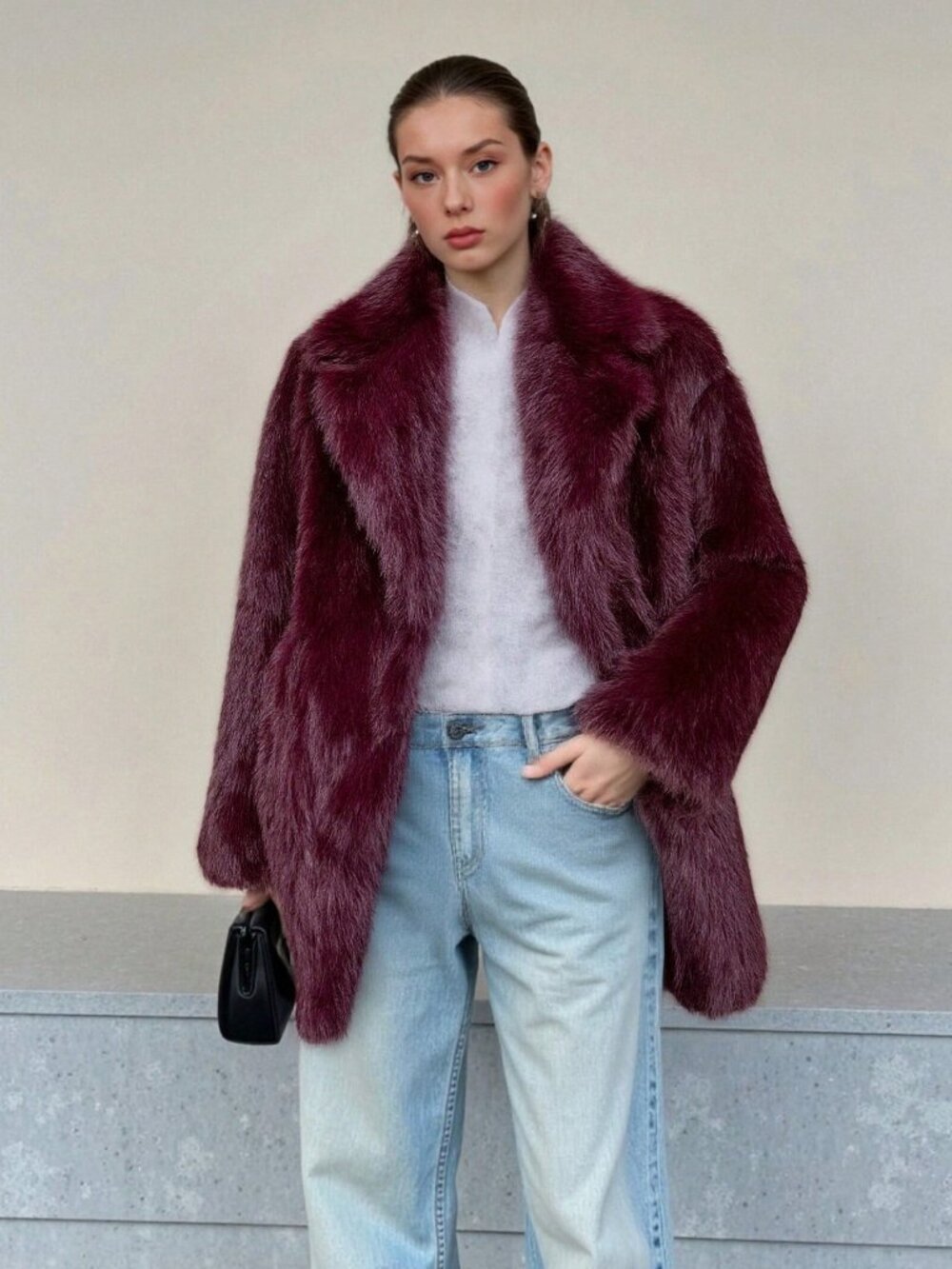 Burgundy Casual Women's Faux Fur teddy Warm Oversize Lapel Coat - Picture 7 of 10